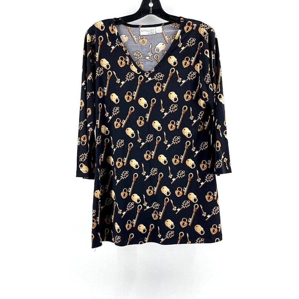 Attitudes by Ren'ee Women's Long Top Shirt Dress  Black Gold Keys Locks Size M